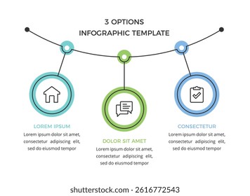 Minimalist infographic template with three circular options connected by a line, suitable for business presentations, workflow steps, or data visualization, vector eps10 illustration