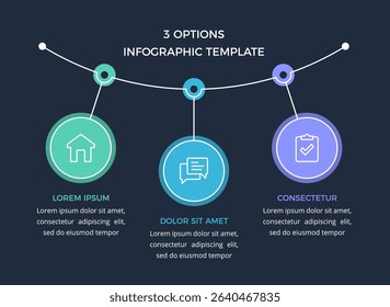 Minimalist infographic template with three circular options connected by a line, suitable for business presentations, workflow steps, or data visualization, vector eps10 illustration