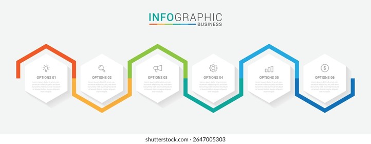 minimalist infographic vector template with a 6 steps for success. Presentation with line elements icons. Business concept design can be used for web, brochure, diagram, chart or banner layout