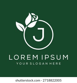 Minimalist Initial letter J rose flower leaves circle logo design graphic icon