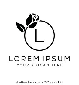 Letra inicial minimalista L rosa flor folhas círculo logotipo ícone gráfico