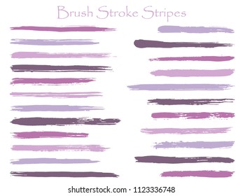 Minimalist ink brush stroke stripes vector set, purple horizontal marker or paintbrush lines patch. Hand drawn watercolor paint brushes, smudge strokes collection. Interior colors guide book swatches.