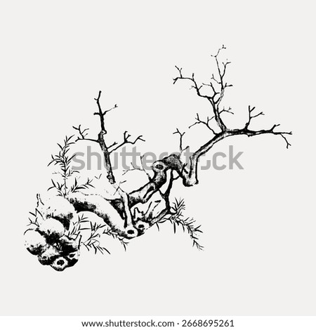 Minimalist ink drawing of a tree branch with delicate leaves. Black and white tree branch art, showcasing natural elegance. Tree branch illustration in simple ink style. Vintage illustration, vector.