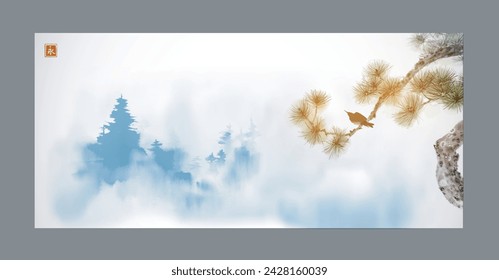 Minimalist ink landscape with black bird sitting on pine tree branch and blue trees, shrouded in dense fog. Traditional oriental ink painting sumi-e, u-sin, go-hua. Hieroglyph - eternity.