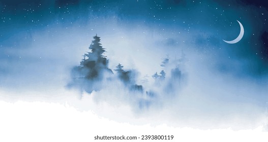 Minimalist ink landscape with blue pine trees, shrouded in dense fog and night sky background with stars and crescent moon. Traditional oriental ink painting sumi-e, u-sin, go-hua