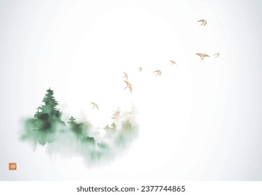 Minimalist ink landscape with flock of birds over the green trees, shrouded in dense fog. Traditional oriental ink painting sumi-e, u-sin, go-hua on white background. Hieroglyph - zen.