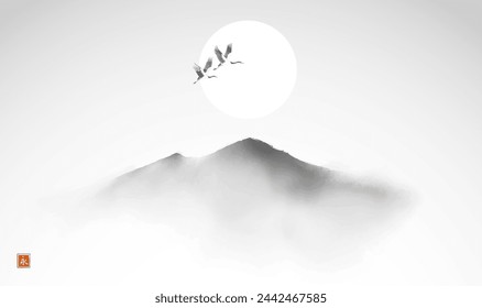 Minimalist ink paintig with two cranes and the moon over a misty mountain. Traditional oriental ink painting sumi-e, u-sin, go-hua. Hieroglyph - eternity.