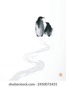 Minimalist ink painting of adult penguine with its chick. Traditional Japanese ink wash painting sumi-e. Hieroglyph - life energy