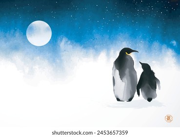 Pintura en tinta minimalista de pingüino adulto con su polluelo bajo un cielo nocturno estrellado con luna llena. Tinta japonesa tradicional lavado sumi-e. Jeroglífico - energía vital.