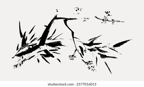 Minimalist ink painting of bamboo branches and leaves. Black ink bamboo art, showcasing traditional brushwork. Elegant bamboo design in monochrome style. Isolated vintage vector element.