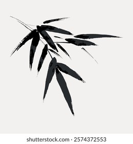 Minimalist ink painting of bamboo leaves. Black bamboo leaves on a light background. Simple bamboo art with elegant brush strokes. Bamboo leaves in ink. Vintage art drawing illustration vector.