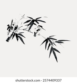 Minimalist ink painting of bamboo leaves. Black bamboo leaves on a light background. Elegant bamboo art with delicate brushstrokes. Bamboo leaves in ink. Vintage art drawing illustration vector.