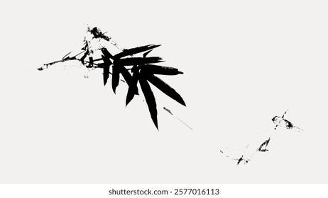 Minimalist ink painting of bamboo leaves. Black bamboo leaves. Simple, elegant bamboo art. Bamboo leaves in traditional ink style. Vintage art drawing illustration, painting art vector.