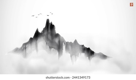 Minimalist ink painting with birds flying over a monochromatic, misty mountain range. Traditional oriental ink painting sumi-e, u-sin, go-hua. Hieroglyph - happiness