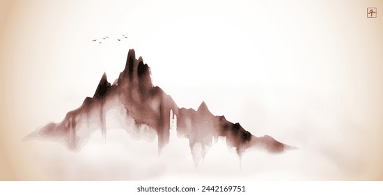 Minimalist ink painting with birds flying over a monochromatic, misty mountain range. Traditional oriental ink painting sumi-e, u-sin, go-hua in vintage style. Hieroglyph - peace