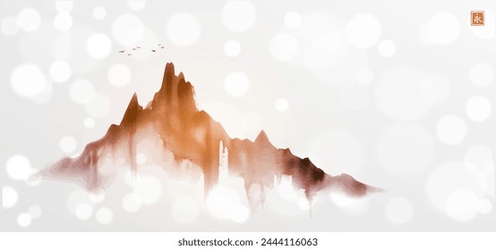 Minimalist ink painting with birds flying over a monochromatic, misty mountain range on white shimmering background. Traditional oriental ink painting sumi-e, u-sin, go-hua. Hieroglyph - peace.