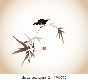 Minimalist ink painting of blackbird on bamboo branch. Traditional Japanese ink wash painting sumi-e in vintage style. Translation of hieroglyph - zen.