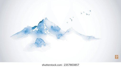 Minimalist ink painting of blue misty mountain on white background. Traditional oriental ink painting sumi-e, u-sin, go-hua. Translation of hieroglyph - happiness.