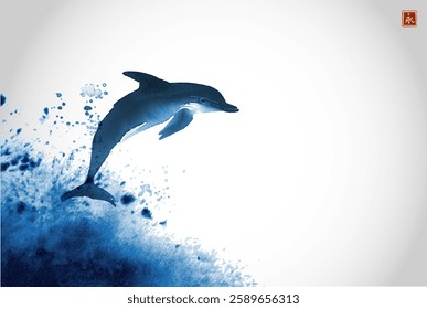 Minimalist ink painting with blue sumi-e dolphin and sea waves. Hieroglyph - eternity.