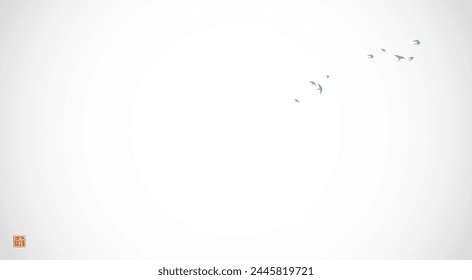 Minimalist ink painting with flock of birds in misty sky. Traditional oriental ink painting sumi-e, u-sin, go-hua. Hieroglyph - clarity