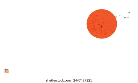 Minimalist ink painting with flock of birds and big red sun in the sky. Traditional oriental ink painting sumi-e, u-sin, go-hua. Hieroglyph - clarity