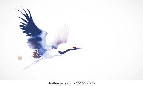 Pintura de tinta minimalista de la grúa japonesa azul voladora en blanco. Pintura tradicional de tinta oriental sumi-e, u-sin, go-hua. Jeroglífico - viento.