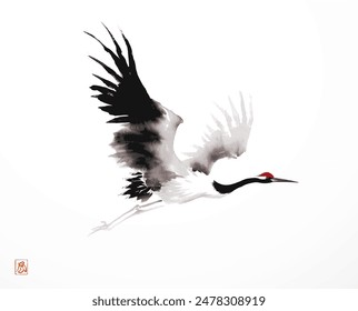 Minimalist ink painting of flying japanese crane on white. Traditional oriental ink painting sumi-e, u-sin, go-hua. Hieroglyph - wind.