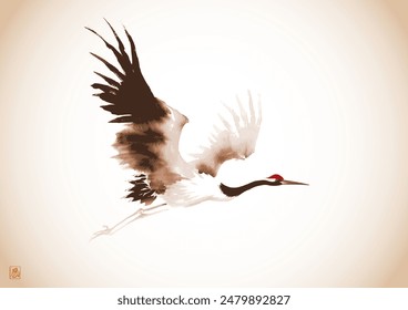 Minimalist ink painting of flying japanese crane in vintage style Traditional oriental ink painting sumi-e, u-sin, go-hua. Hieroglyph - wind.