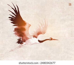 Minimalist ink painting of flying japanese crane on vintage background Traditional oriental ink painting sumi-e, u-sin, go-hua. Hieroglyph - wind.