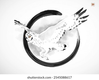 Minimalist ink painting of flying owl with bright yellow eyes in black enso zen circle. Traditional oriental ink painting sumi-e, u-sin, go-hua. Hieroglyph - silence.