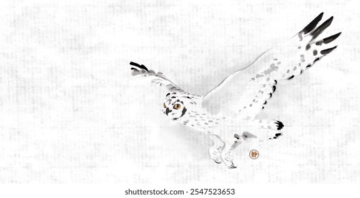 Minimalist ink painting of  flying owl with bright yellow eyes on rice paper background. Traditional oriental ink painting sumi-e, u-sin, go-hua. Hieroglyph - silence.