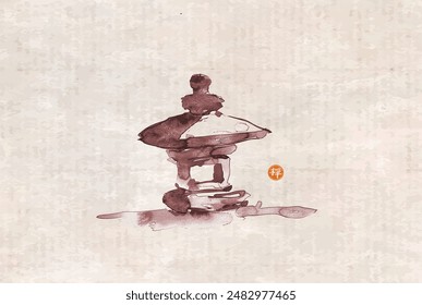 Minimalist ink painting of japanese toro stone lantern on vintage background. Translation of hieroglyphs - joy, well-being, beauty, zen.