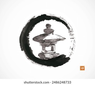 Minimalist ink painting of japanese toro stone lantern in black enso zen circle on white. Traditional Japanese ink wash painting sumi-e. Translation of hieroglyph - zen.