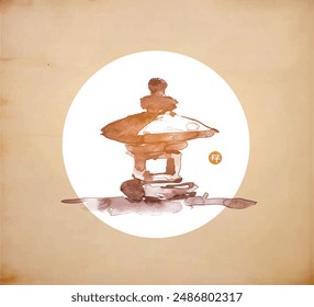 Minimalist ink painting of japanese toro stone lantern in white circle on vintage background. Traditional Japanese ink wash painting sumi-e. Translation of hieroglyph - zen.