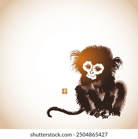 Minimalist ink painting of a little monkey in vintage style. Traditional oriental ink painting sumi-e, u-sin, go-hua. Hieroglyph - happiness.