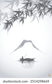 Minimalist ink painting with a lone fisherman in boat, bamboo trees and far mountain. Traditional oriental ink painting sumi-e, u-sin, go-hua. Translation of hieroglyph - eternity.