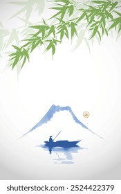 Minimalist ink painting with a lone fisherman in a boat, green bamboo trees and far blue mountain. Traditional oriental ink painting sumi-e, u-sin, go-hua. Translation of hieroglyph - eternity.