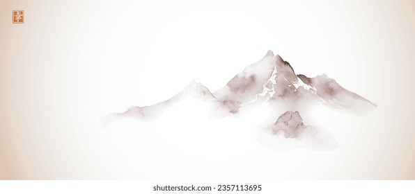 Minimalist ink painting of misty mountain in vintage style. Traditional oriental ink painting sumi-e, u-sin, go-hua. Translation of hieroglyph - happiness.