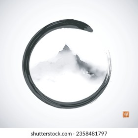 Minimalist ink painting of misty mountain in black enso zen circle. Traditional oriental ink painting sumi-e, u-sin, go-hua. Translation of hieroglyph - zen.