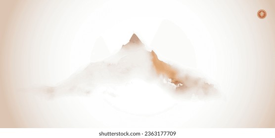 Minimalist ink painting of misty mountain in vintage style. Traditional oriental ink painting sumi-e, u-sin, go-hua. Translation of hieroglyph - happiness.