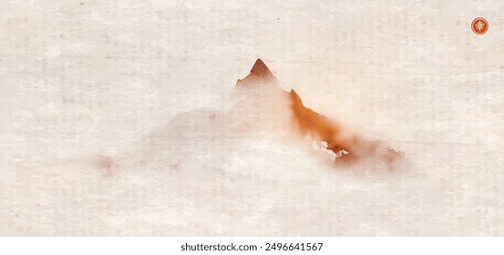 Minimalist ink painting of misty mountain on vintage background. Traditional oriental ink painting sumi-e, u-sin, go-hua. Translation of hieroglyph - happiness.