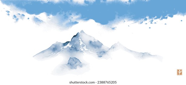 Minimalist ink painting of misty snowy mountain and clouds in blue sky. Traditional oriental ink painting sumi-e, u-sin, go-hua. Translation of hieroglyph - happiness.