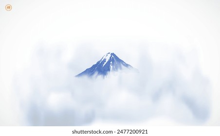 Minimalist ink painting of Mount Fuji surrounded by mist. Traditional Japanese ink wash painting sumi-e. Translation of hieroglyph - zen.