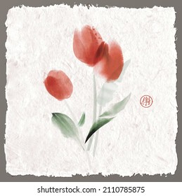 Minimalist ink painting of red tulips on vintage background. Traditional oriental ink painting sumi-e, u-sin, go-hua. Translation of hieroglyph - joy.