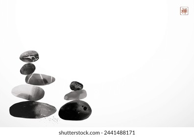 Minimalist Ink painting of stacked stones in a Zen-like balance. Traditional oriental ink painting sumi-e, u-sin, go-hua. Translation of hieroglyph - zen.