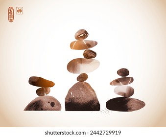 Minimalist Ink painting of stacked stones in a Zen-like balance. Traditional oriental ink painting sumi-e, u-sin, go-hua in vintage style. Hieroglyph - zen.