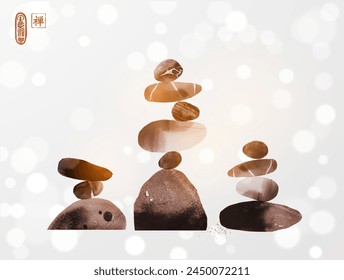 Minimalist Ink painting of stacked stones in a Zen-like balance. Traditional oriental ink painting sumi-e, u-sin, go-hua on white shimmering background. Hieroglyph - zen.