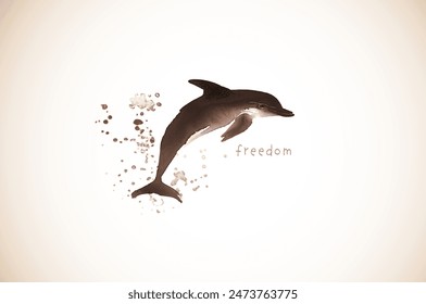 Minimalist ink painting with sumi-e dolphin in vintage style.