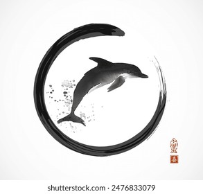 Minimalist ink painting with sumi-e dolphin in black enso zen circle. Hieroglyph - joy.
