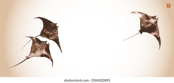 Minimalist ink painting of three manta rays in vintage style. Hieroglyph - happiness